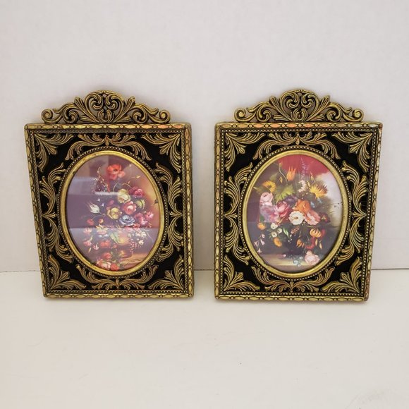 Vintage pair Italian Filigree Gold and Black Floral Art - Picture 1 of 8